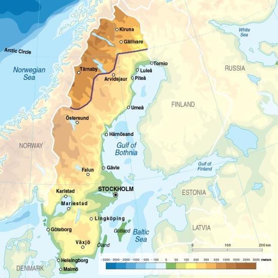 スウェーデンの地図標高