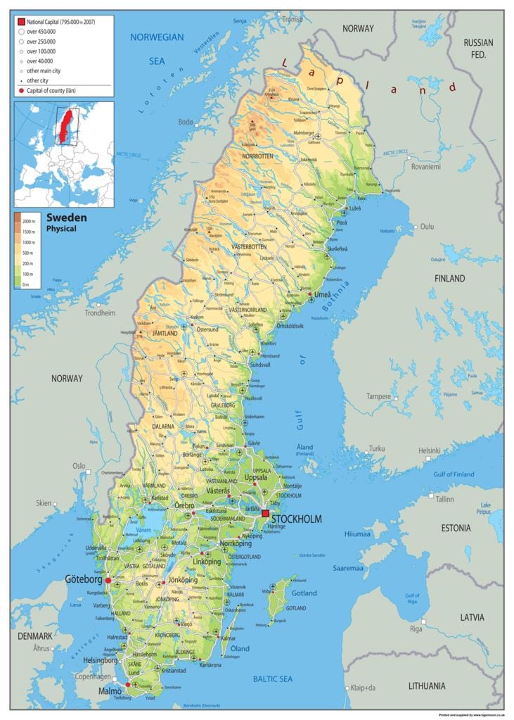 物理地図のスウェーデン