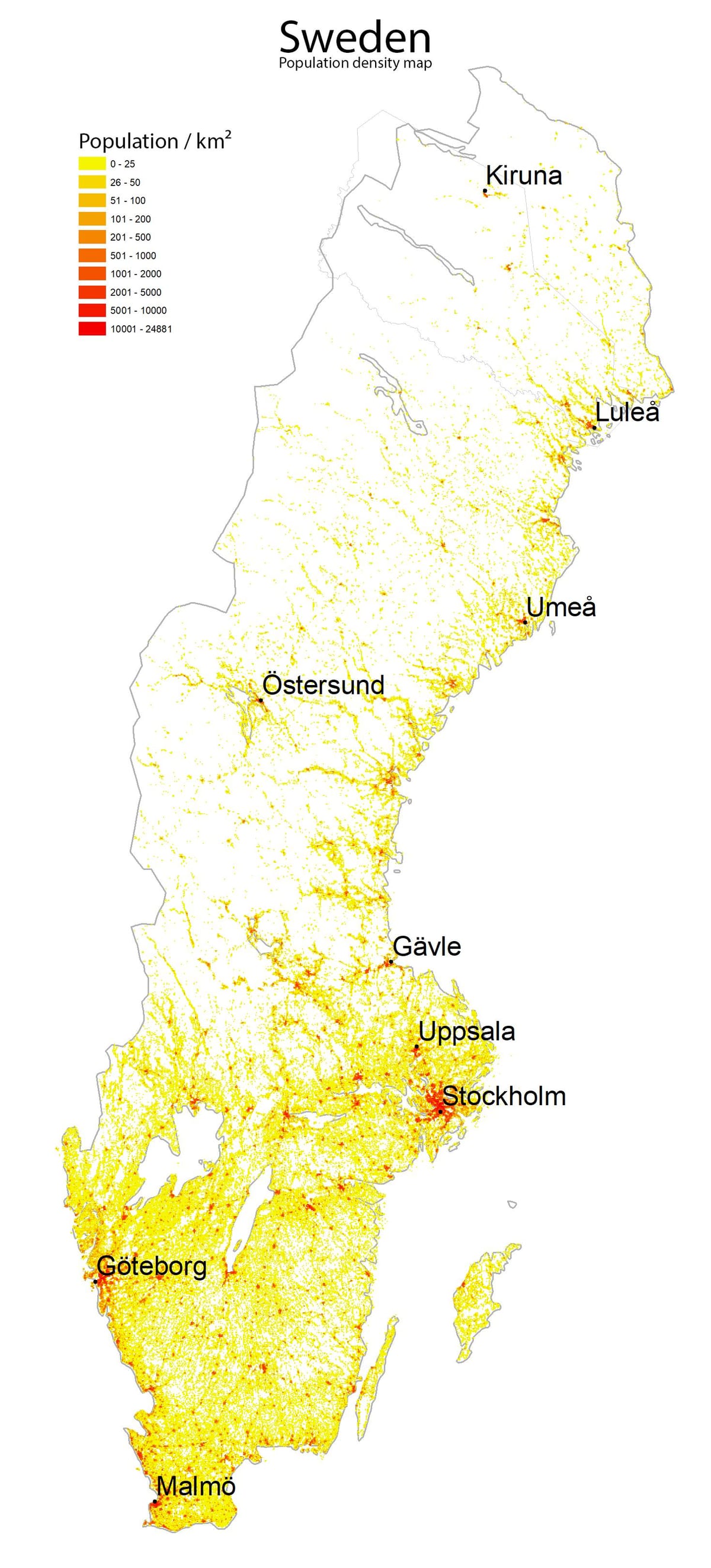 人口密度の地図のスウェーデン